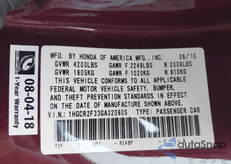 2016 Honda Accord Lx z USA, uszkodzony, nr VIN 1HGCR2F33GA020605